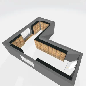 3D-Ansicht eines grauen, leeren Raumes mit Einbauschränken und Fenster. | Toptrock